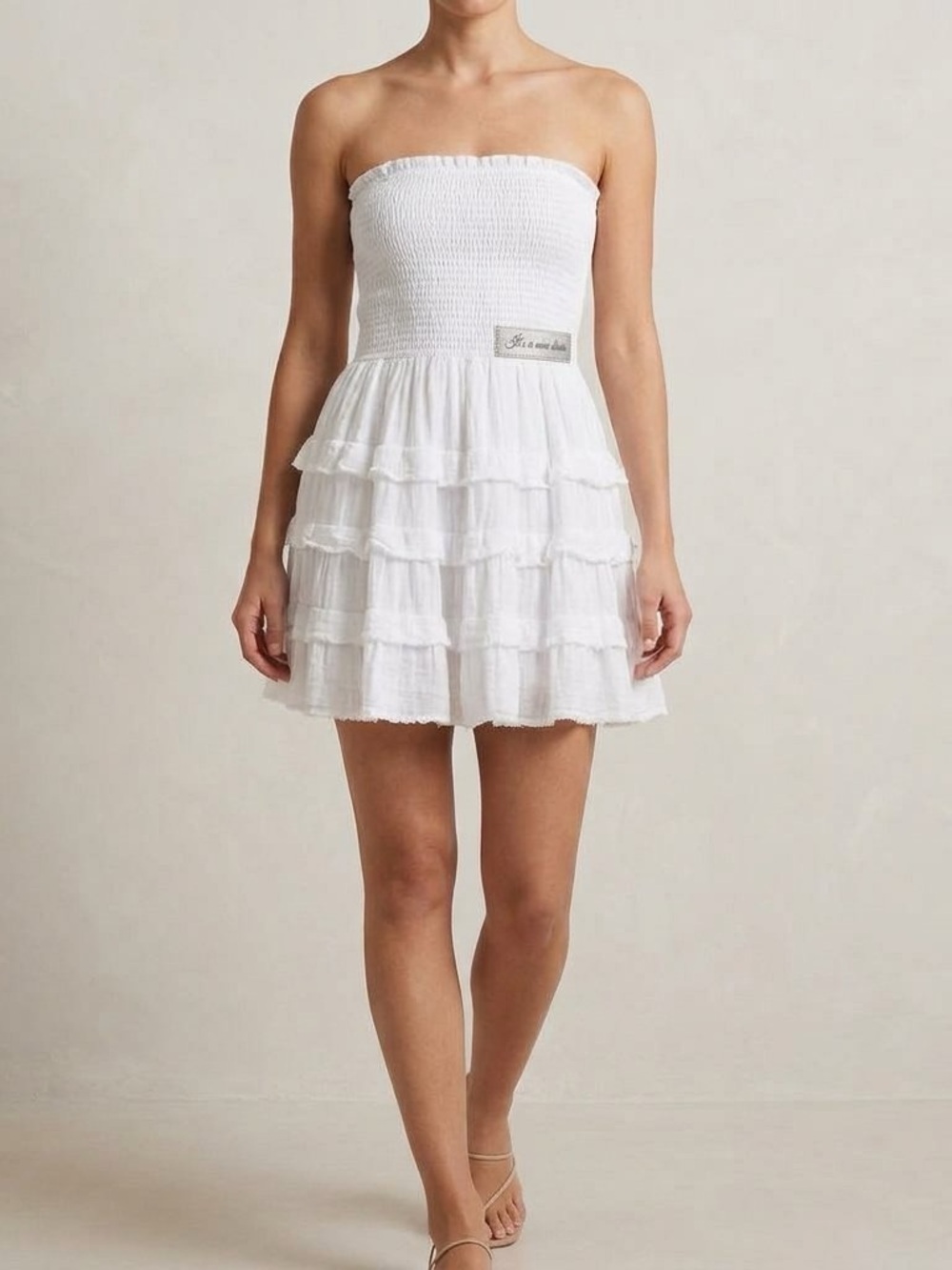 White Strapless Tiered Mini Dress with Smocked Bodice
